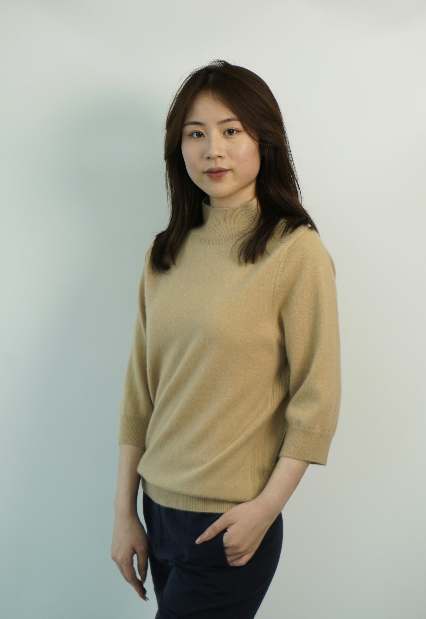 100% Cashmere High Neck Mid Sleeve Elegant Natural Comfort Ladies Cashmere Sweater