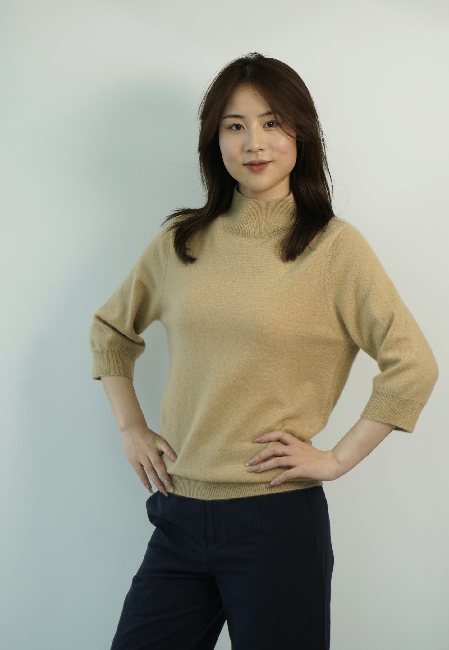 100% Cashmere High Neck Mid Sleeve Elegant Natural Comfort Ladies Cashmere Sweater