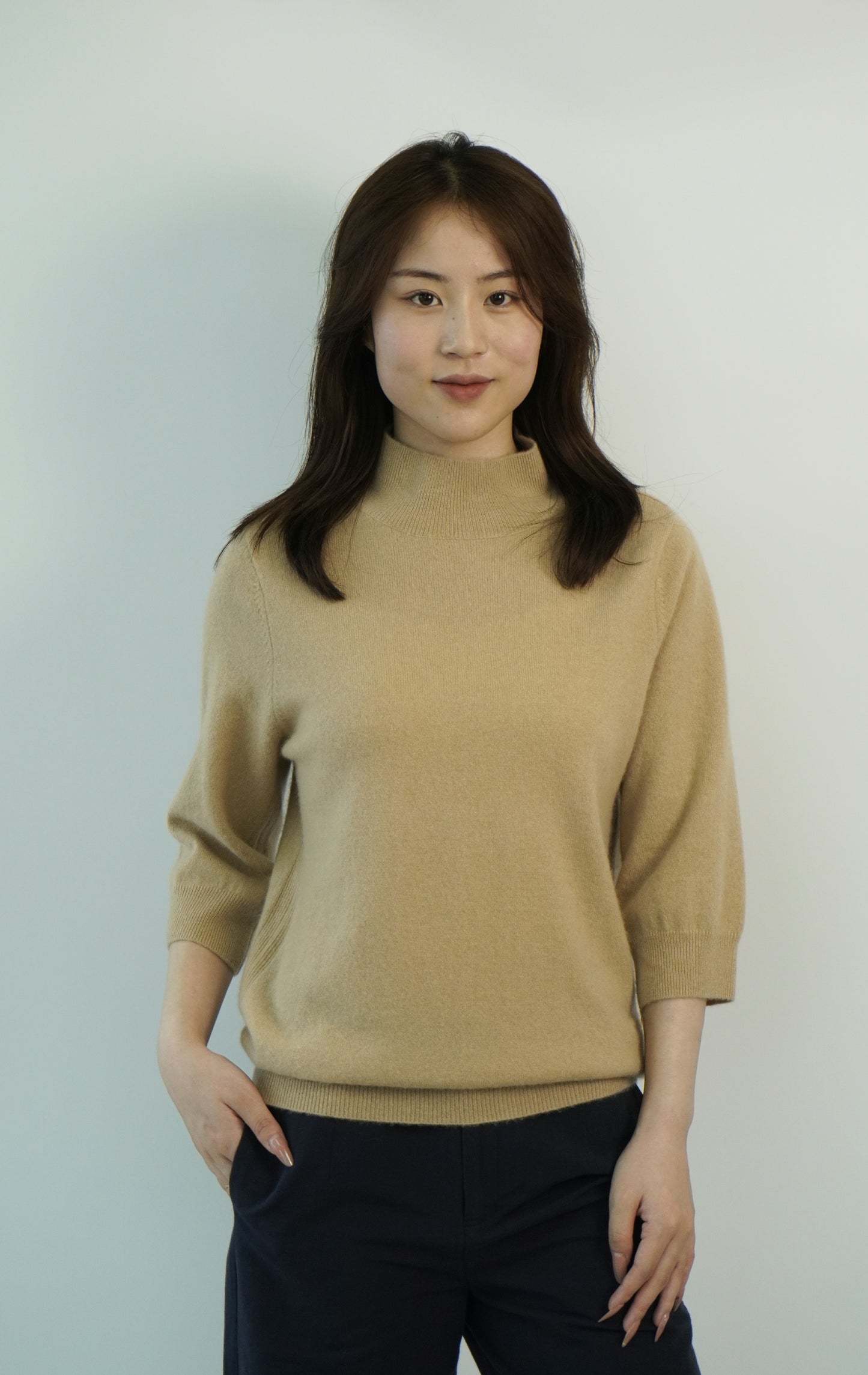 100% Cashmere High Neck Mid Sleeve Elegant Natural Comfort Ladies Cashmere Sweater
