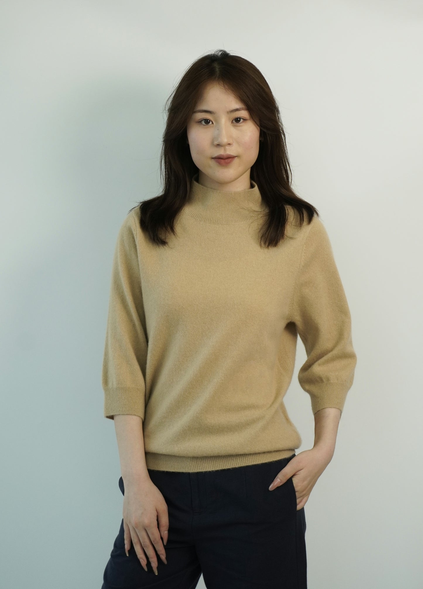 100% Cashmere High Neck Mid Sleeve Elegant Natural Comfort Ladies Cashmere Sweater