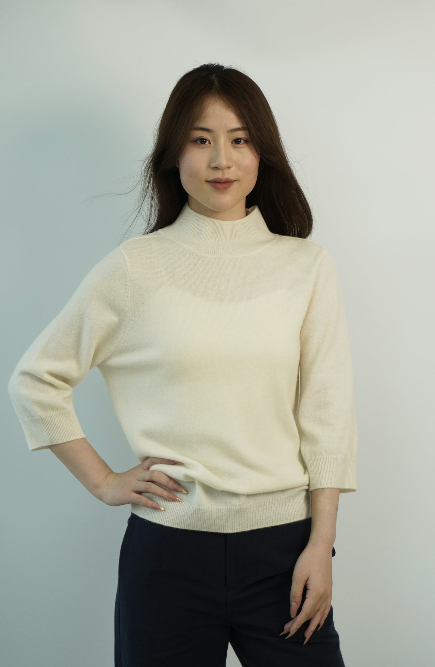 100% Cashmere High Neck Mid Sleeve Elegant Natural Comfort Ladies Cashmere Sweater