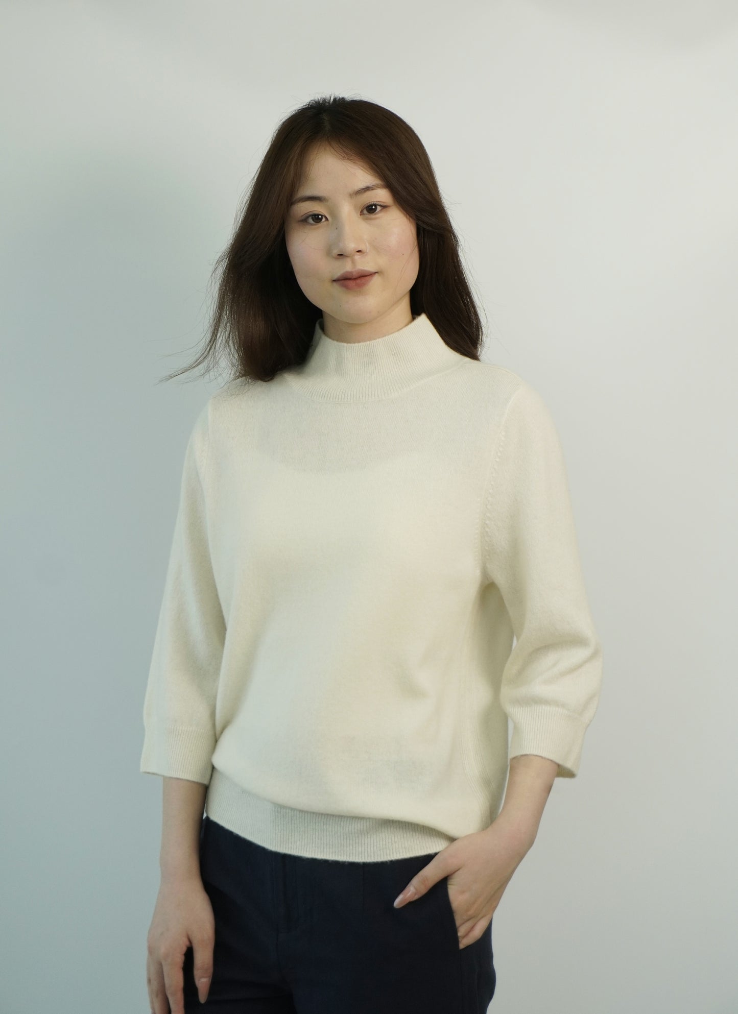 100% Cashmere High Neck Mid Sleeve Elegant Natural Comfort Ladies Cashmere Sweater