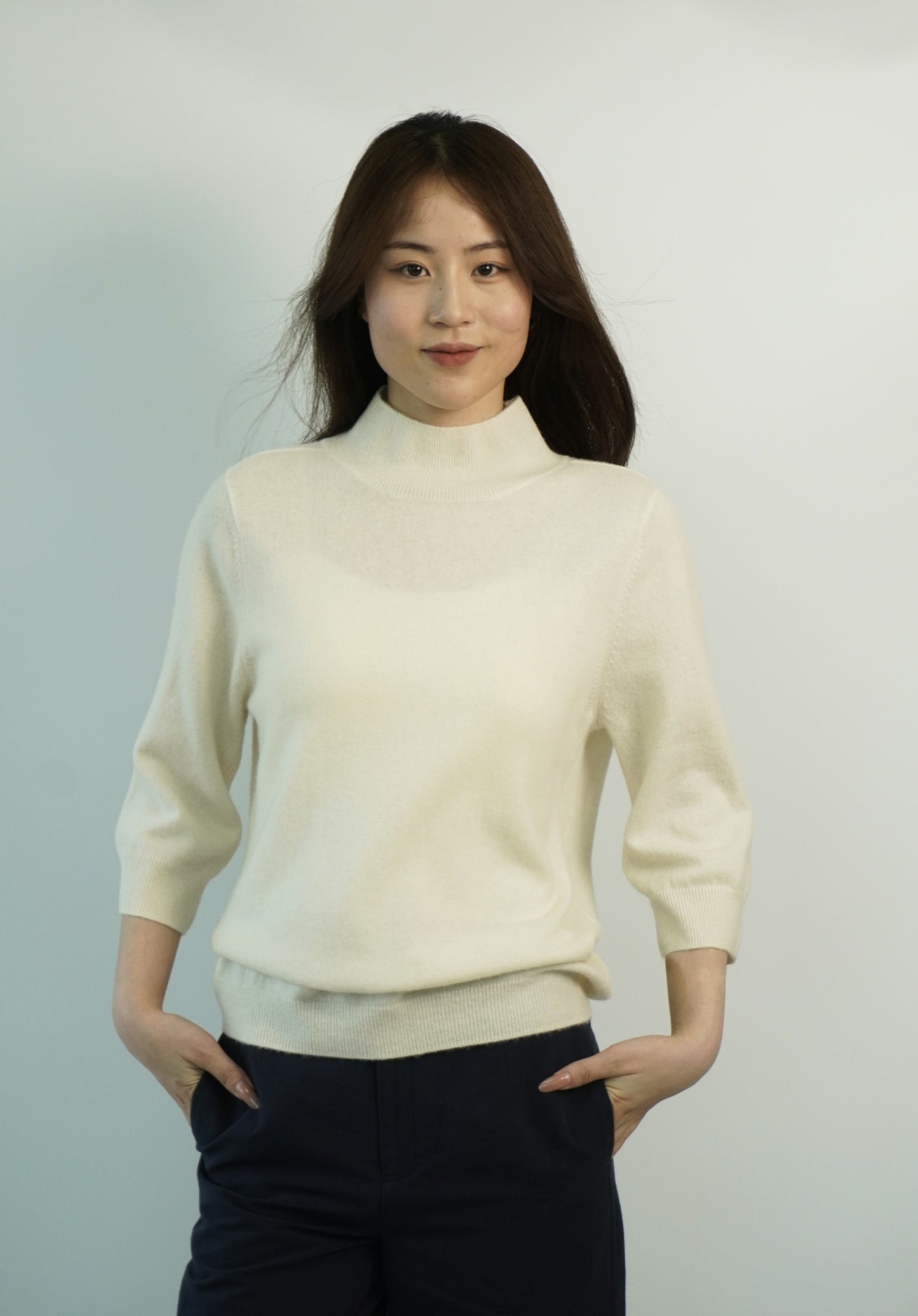 100% Cashmere High Neck Mid Sleeve Elegant Natural Comfort Ladies Cashmere Sweater