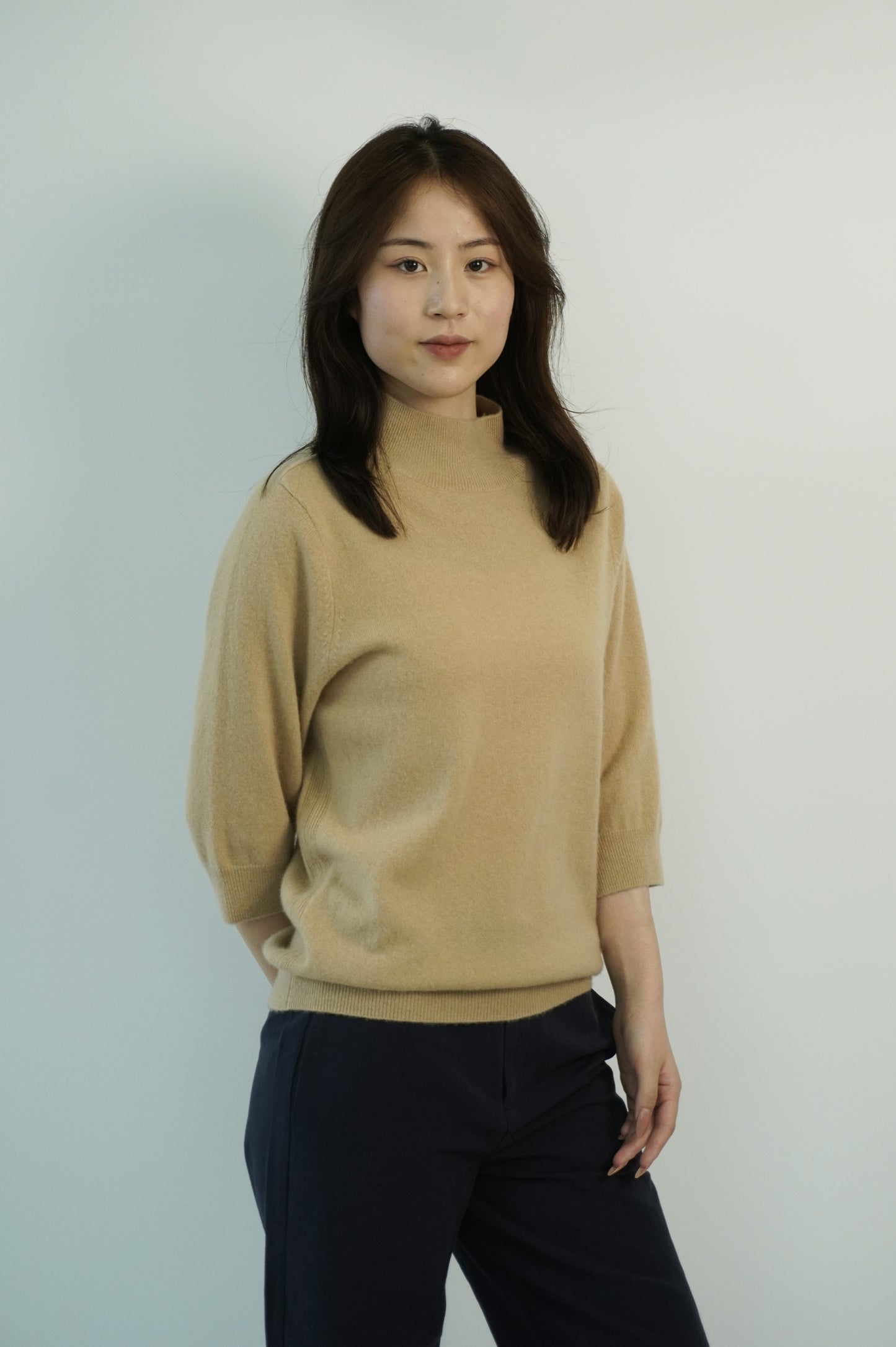 100% Cashmere High Neck Mid Sleeve Elegant Natural Comfort Ladies Cashmere Sweater